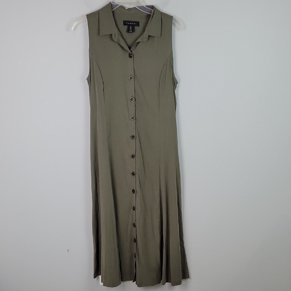 Tahari olive green sleeveless midi dress button front size 2